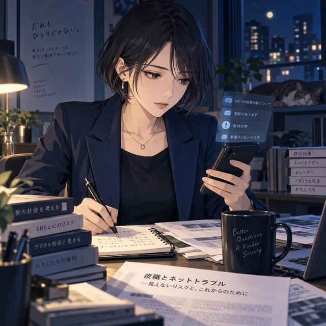 夜の部屋でスマートフォンと資料を確認するちゃんまなのイラスト