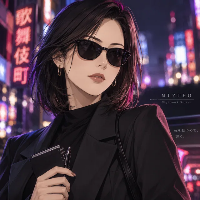 夜の街を背景に手帳を持つMIZUHOのイラスト