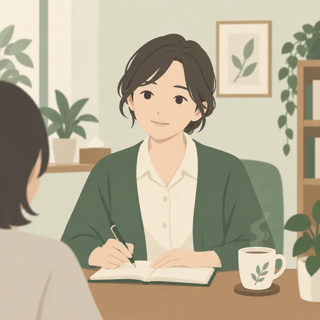 相談室で相手の話を聞く精神保健福祉士KDのイラスト