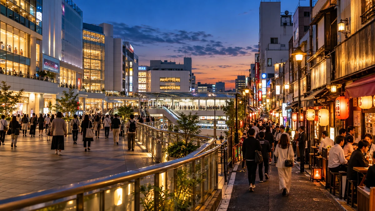 立川駅北口の広い歩行者デッキと南口の飲食店街を対比した夕暮れの街並み