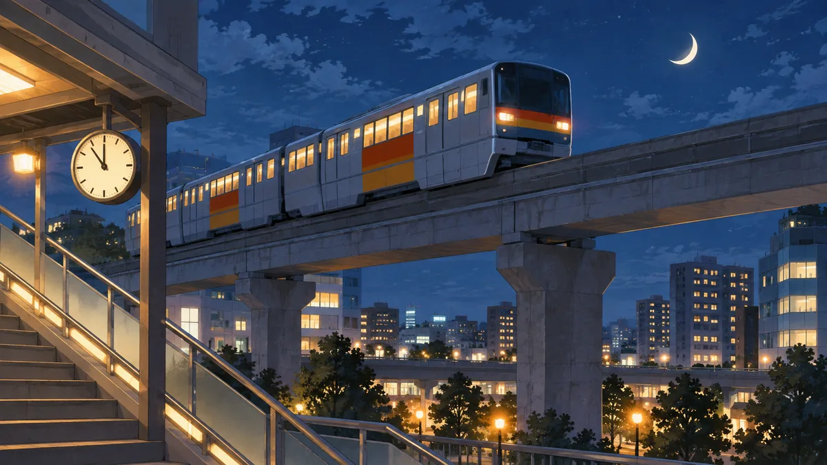 多摩モノレールの終電と夜の駅のイメージ