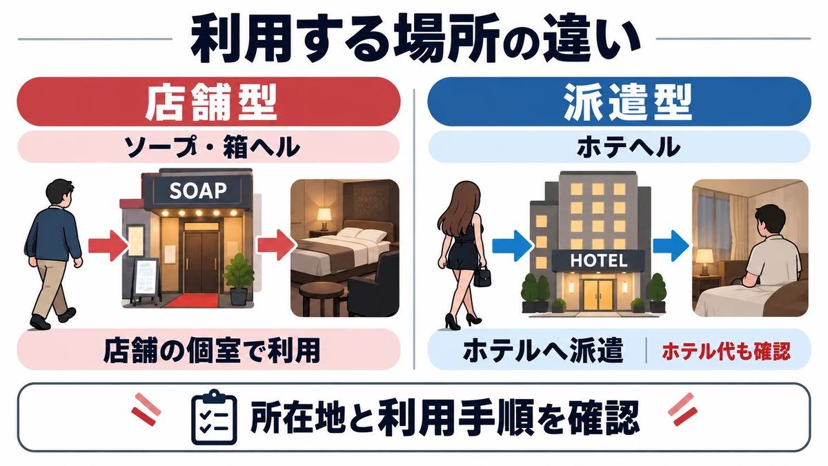 ソープ・箱ヘルは店舗の個室で利用、ホテヘルはホテルへ派遣。所在地と利用手順、ホテル代を確認する図解