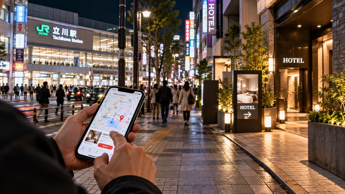 夜の駅前通りでスマートフォンの地図を見て所在地を確認する場面